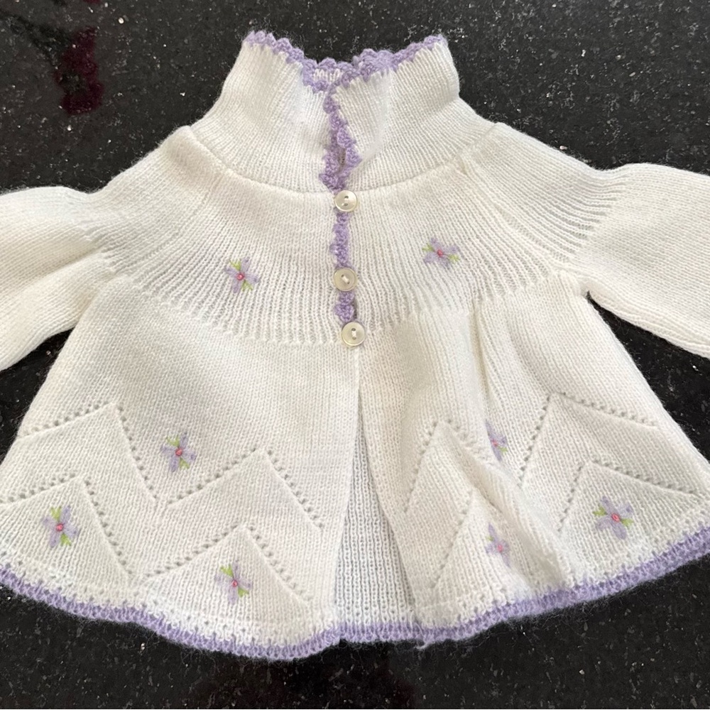 Beautiful Vintage White and Purple Knit Baby Cardigan